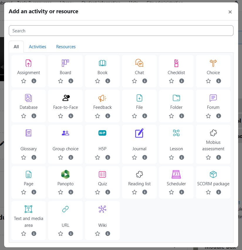 A screenshot of the Moodle activity selector