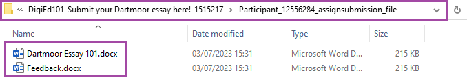 Screenshot of a student submission and a separate feedback file which is part of the offline marking process, (highlighted).