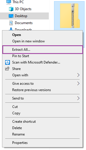 Screenshot of extracting a ZIP folder (highlighted).