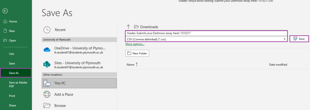Screenshot of saving the grading worksheet CSV file in Excel (highlighted).