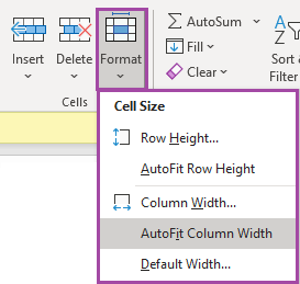 Screenshot of the ‘Format’ menu in Excel (highlighted).