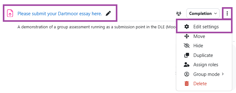 Screenshot of the ‘Edit settings’ button (highlighted) next to a DLE activity/resource.