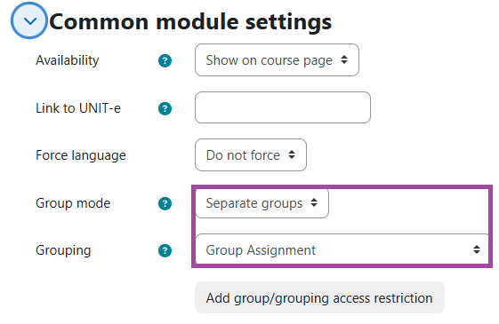 Screenshot of the ‘Common module settings’ (highlighted: ‘Group mode’ and ‘Grouping).