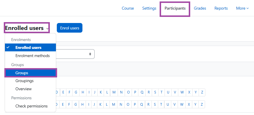 Screenshot of navigating to the ‘Groups’ menu within ‘Participants’ (highlighted).