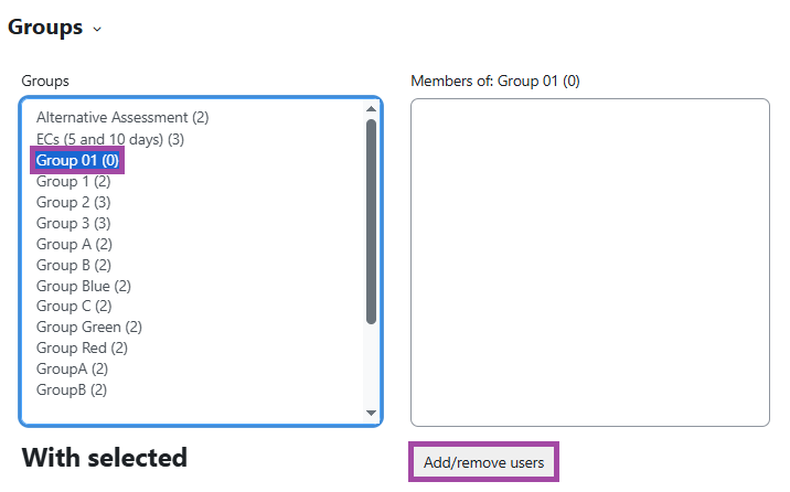 Screenshot of the group selection and the ‘Add/remove users’ button (highlighted).