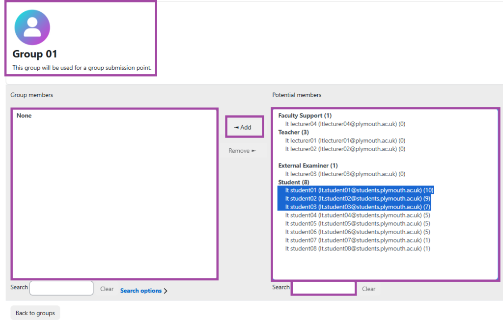 Screenshot of adding multiple students to a group (highlighted).