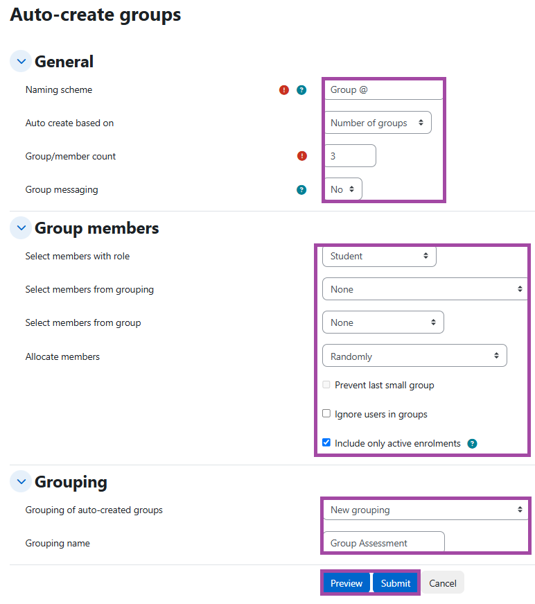 Screenshot of the auto-create group settings (highlighted).