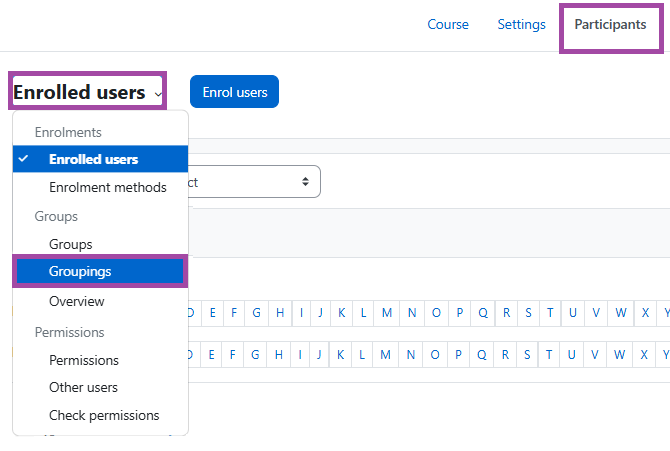 Screenshot of navigating to the ‘Groupings’ menu within ‘Participants’ (highlighted).