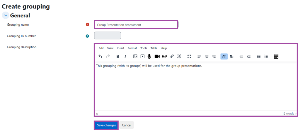 Screenshot of the grouping settings (highlighted) in the DLE/Moodle.