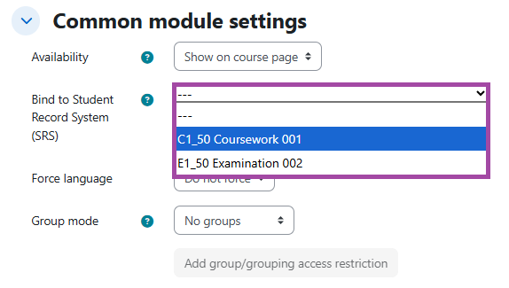 Screenshot of the ‘Bind to Student Record System (SRS)’ setting (highlighted).