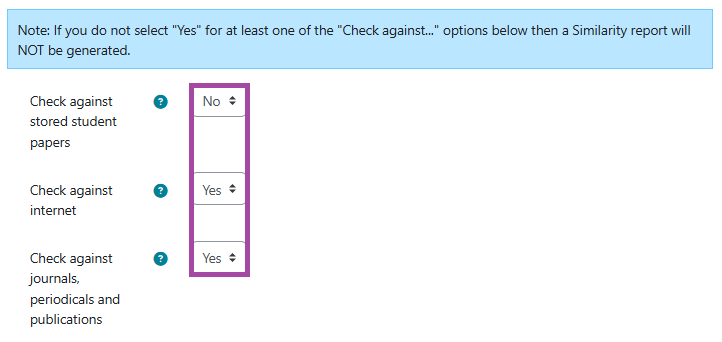 Screenshot of the ‘check’ settings (student paper, internet, journals, and many more) (highlighted).