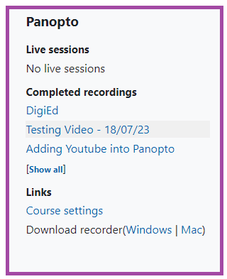 Screenshot of the DLE Panopto block,