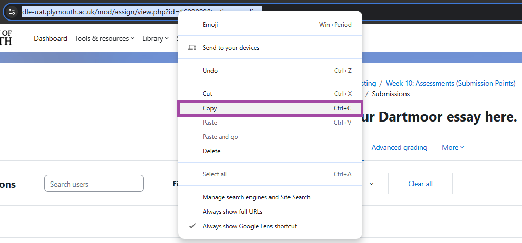 Screenshot of copying the link of a submission point’s Grading table (highlighted) within a browser.