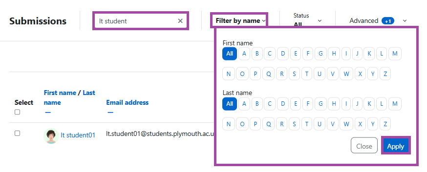 Screenshot of the search box and alphabetic filter (highlighted) within a submission point.