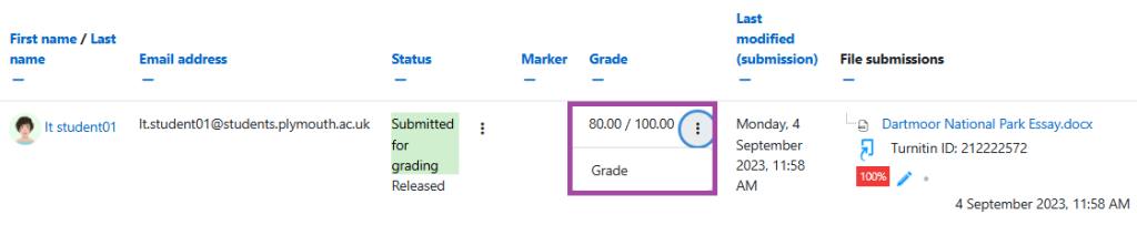 Screenshot of the ‘Grade’ button (highlighted) within a submission point.