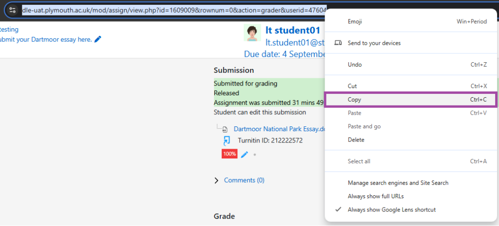 Screenshot of copying the link of a submission point’s Grading window (highlighted) within a browser.