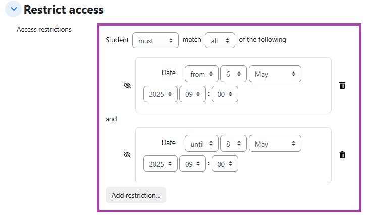 Screenshot of the ‘Restrict access’ section (highlighted) within a submission point.