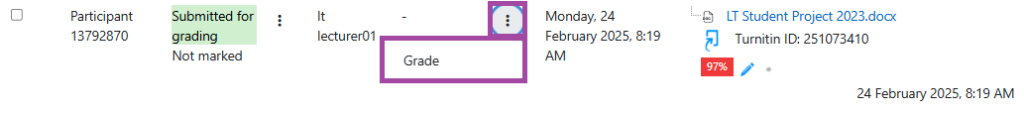 Screenshot of the ‘Grade’ and three-dot buttons (highlighted) next to a student submission.