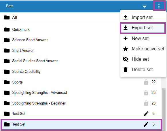A screenshot showing the settings menu with the export set option highlighted.