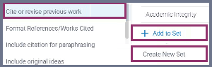 Screenshot of the display of an existing quick mark (highlighted), of the ‘+Add to Set’ and ‘Create New Set’ buttons (highlighted) within QuickMarks.