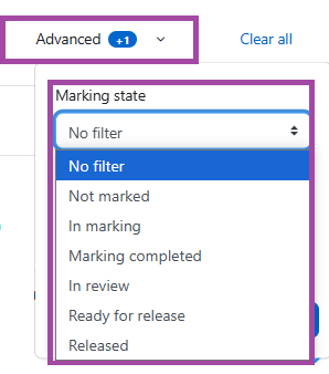 Screenshot of the ‘Marking state’ filter (highlighted) within a submission point.