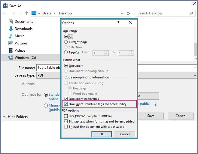Image shows where Document structure tags for accessibility checkbox is within the options area.