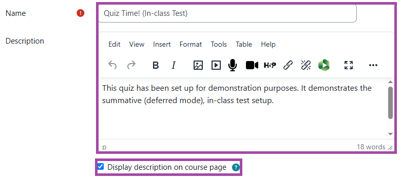 Screenshot of the ‘General’ section (highlighted) within a DLE quiz settings.