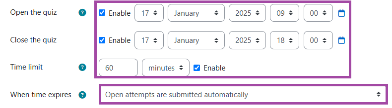 Screenshot of the ‘Timing’ section (highlighted) within a DLE quiz settings.