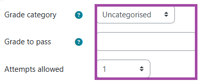 Screenshot of the ‘Grade’ section (highlighted) within a DLE quiz settings.