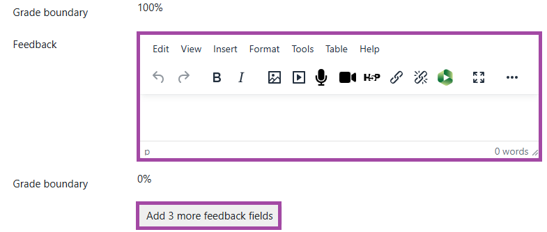 Screenshot of the ‘Overall feedback’ section (highlighted) within a DLE quiz settings.