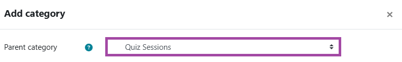 Screenshot of the ‘Parent category’ setting (highlighted) within a Question bank (category creation).