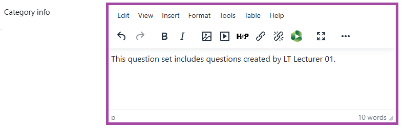 Screenshot of the ‘Category info’ setting (highlighted) within a Question bank (category creation).