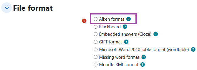 Screenshot of the ‘File format’ setting (highlighted) when importing questions to the DLE.