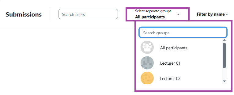 Screenshot of the ‘Select separate groups’ filter (highlighted) within a submission point.
