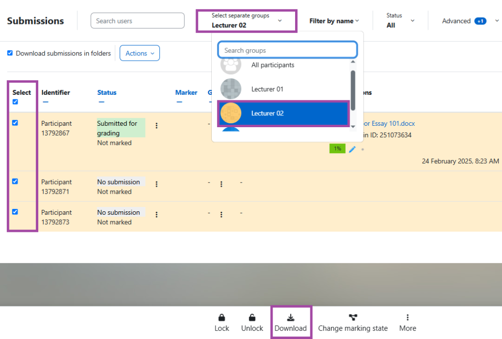 Screenshot of the way of downloading selected submissions (highlighted) that uses marker allocations.