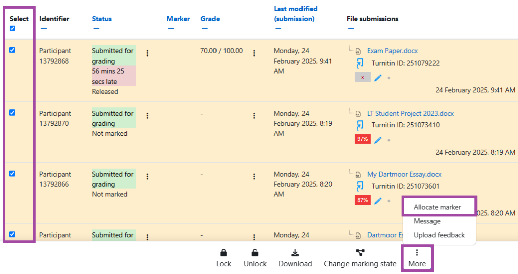 Screenshot of allocating markers to submissions (highlighted) using the ‘Marker’ filter in the DLE.