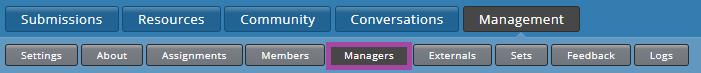 Screenshot of clicking on the ‘Managers’ menu (highlighted) in the sub-navigation bar in PebblePad (ATLAS).