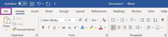 Screenshot of the display of the ‘File’ menu (highlighted) in the navigation bar of Microsoft Word.