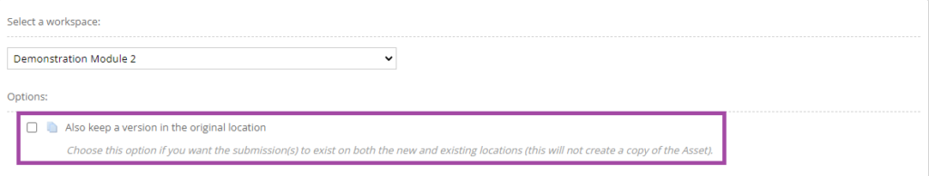 Screenshot of ticking the box where it says ‘Also a version in the original location’ (highlighted) in PebblePad (ATLAS).