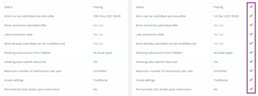 Screenshot of the status of workbooks (including checkboxes and additional information) (highlighted) in PebblePad (ATLAS).