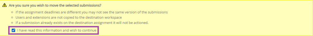 Screenshot of the yellow window (highlighted: ticking the box where it says ‘I have read this information and wish to continue’) that appears below the status of the workbooks in PebblePad (ATLAS).