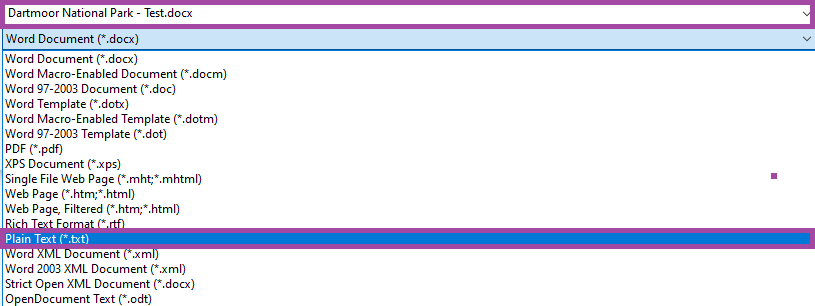 Screenshot of the display of the ‘Plain Text (*.txt)’ option (highlighted) from the drop-down list in the file format picker during saving a Microsoft Word document.