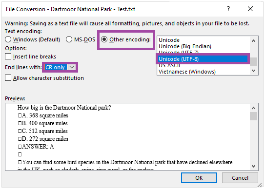 Screenshot of the display of the ‘Other encoding’ (highlighted), the ‘Unicode (UTF-8)’ (highlighted) and the ‘CR only’ (highlighted) options during the saving process of a Microsoft Word document.