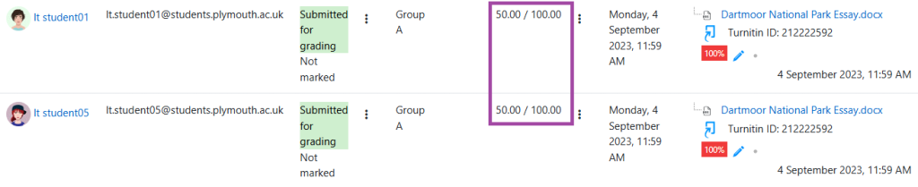Screenshot of the applied grades (highlighted) to a group submission point.