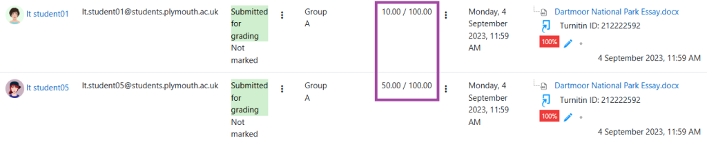 Screenshot of the applied grades (highlighted) to a group submission point.