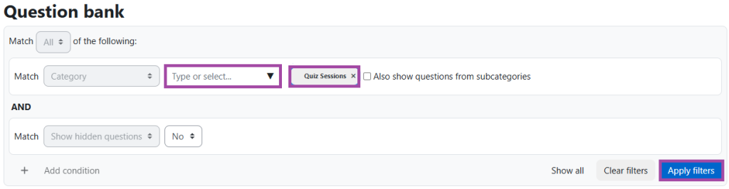Screenshot of navigating to a category (highlighted) within a Question bank, using the appropriate filters.