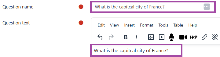 Screenshot of the question name and text settings (highlighted).