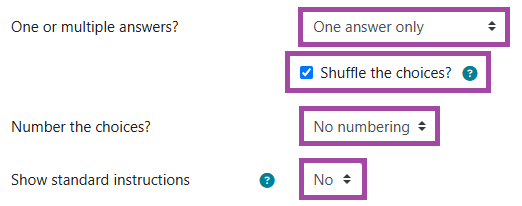 Screenshot of additional settings (highlighted), such as the format of numbering choices, shuffle their order, show standard instructions, and many more.