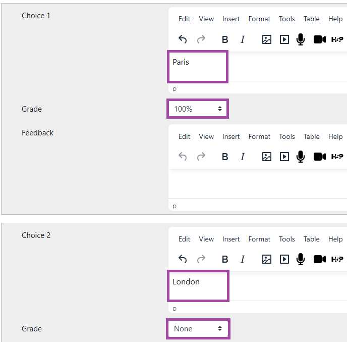 Screenshot of adding the choices (highlighted) within the settings of a question.