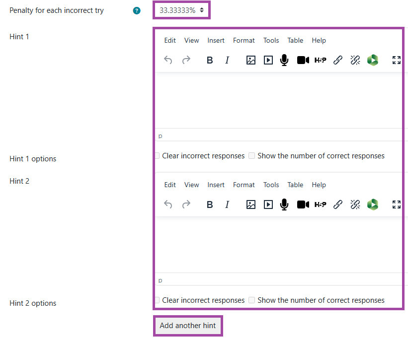 Screenshot of the available penalty options (highlighted) within the settings of a question.